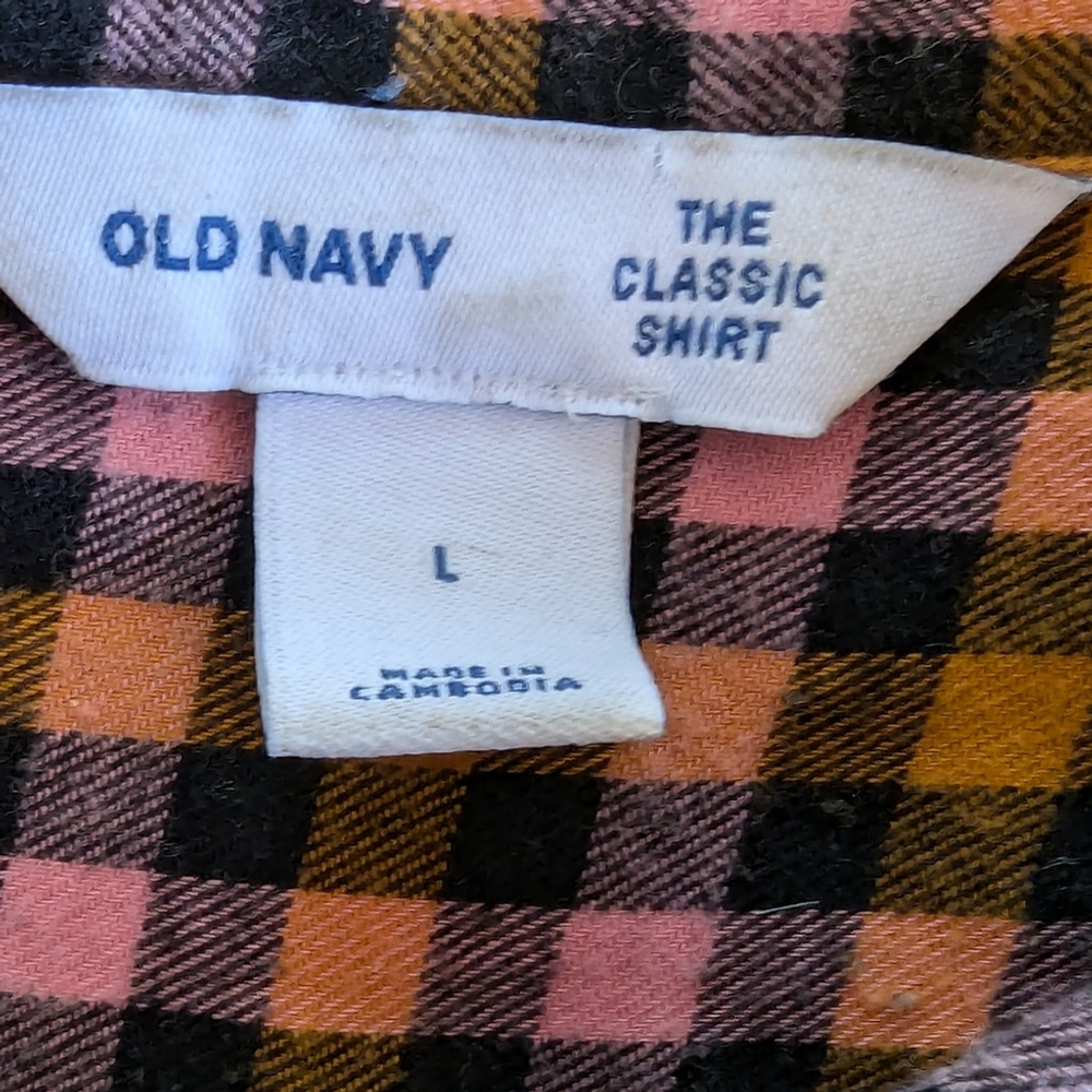 OLD NAVY Women’s Patterned Flannel Classic Shirt Sz L Pink & Orange Check Fall - Picture 4 of 7